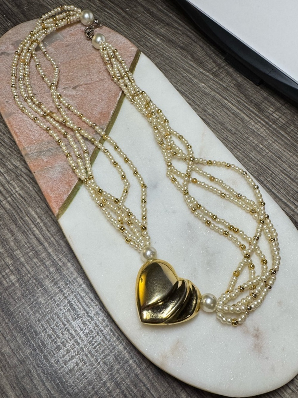 Vintage Multi Strand Faux Pearl Necklace Gold Tone Heart Pendant